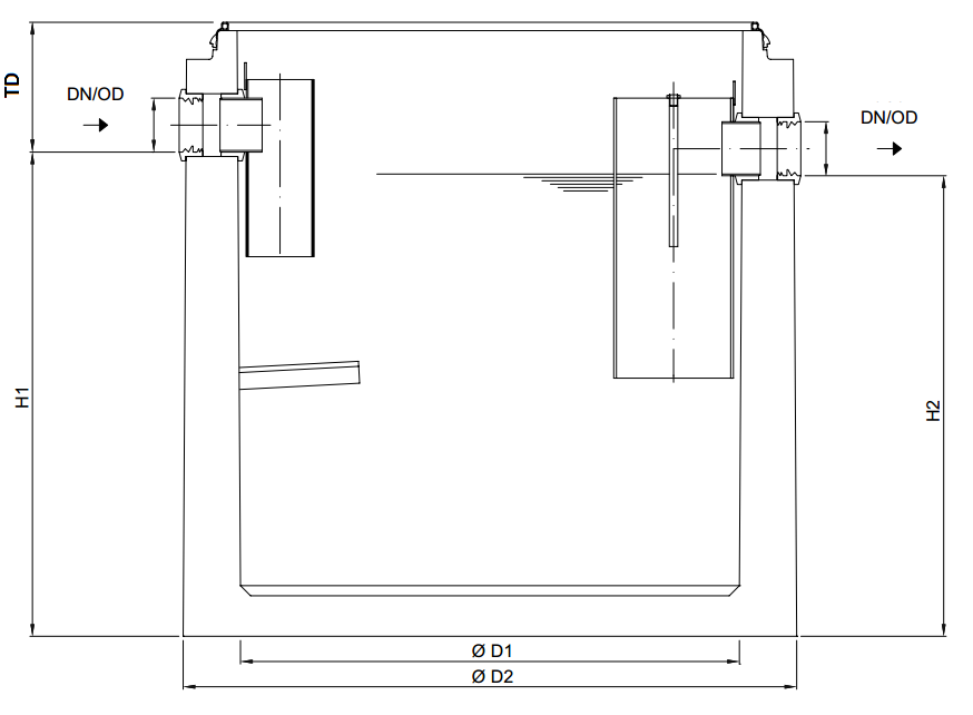 Esquema técnico generico del separador de grasas enterrado LIPUMAX-C-B FST em betão armado.