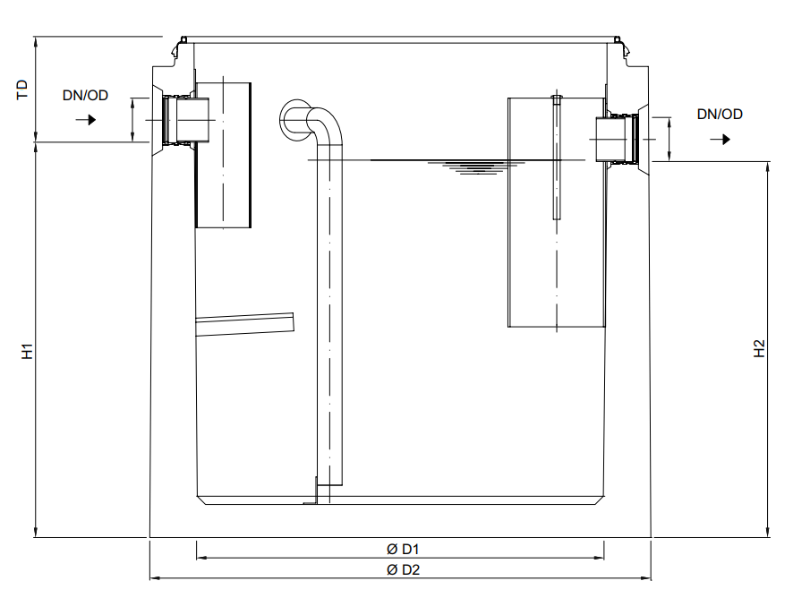 Esquema técnico general do separador de gorduras enterrado LIPUMAX-C-D FST de hormigón armado, extensión con tubo de succión (D).