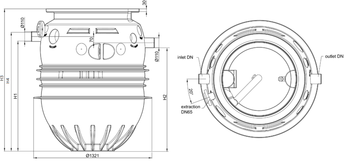 SEPG LIPUMAX-P-D Esquema técnico generico del separador de grasas enterrado LIPUMAX-P-D de polietileno de alta densidad (HDPE), extensión con tubo de succión (D).