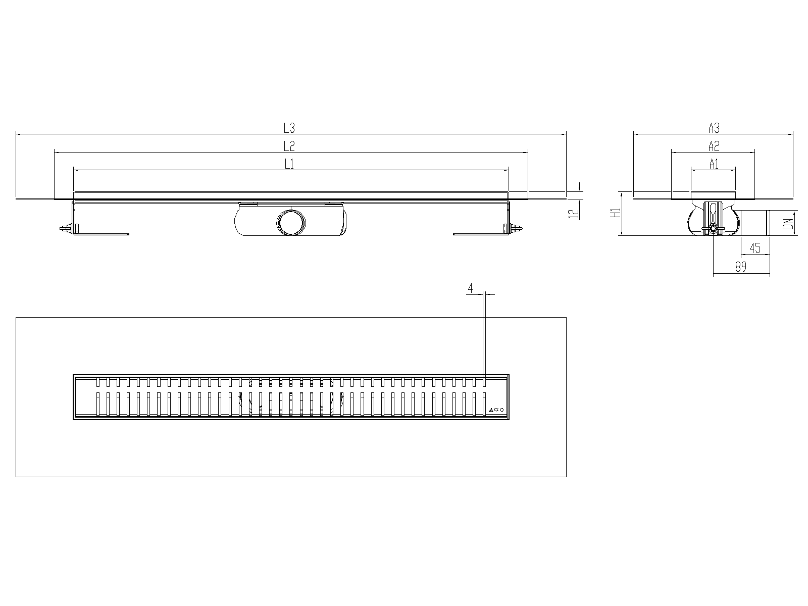 SHOWERDRAIN-C 2.0 C_ALAS SH DN50 H69 C_RJ PIANO C_TELA Esquema técnico canal Showerdrain -C 2.0 com flange S/H DN50 H:69-140mm com sifão de 25mm e grelha PIANO com tela CD000933 // CD000934 // CD000935 // CD000936 // CD000937 // CD000938 // CD000939