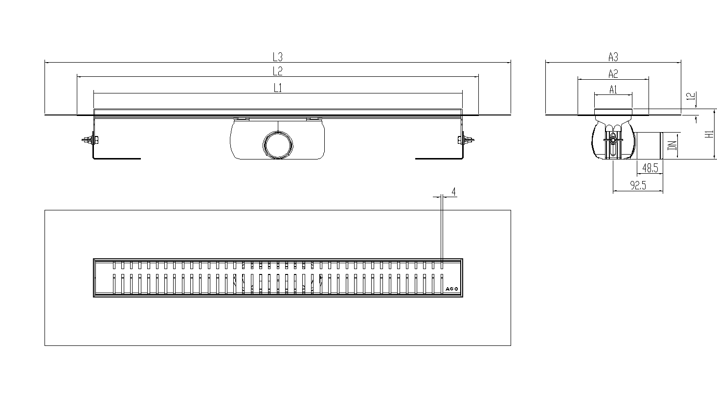 SHOWERDRAIN-C 2.0 C_ALAS SH DN50 H92 C_RJ PIANO C_TELA Esquema técnico canal Showerdrain -C 2.0 com flange S/H DN50 H:92-140mm com sifão de 50mm e grelha PIANO com tela CD000923 // CD000924 // CD000925 // CD000926 // CD000927 // CD000928 // CD000929