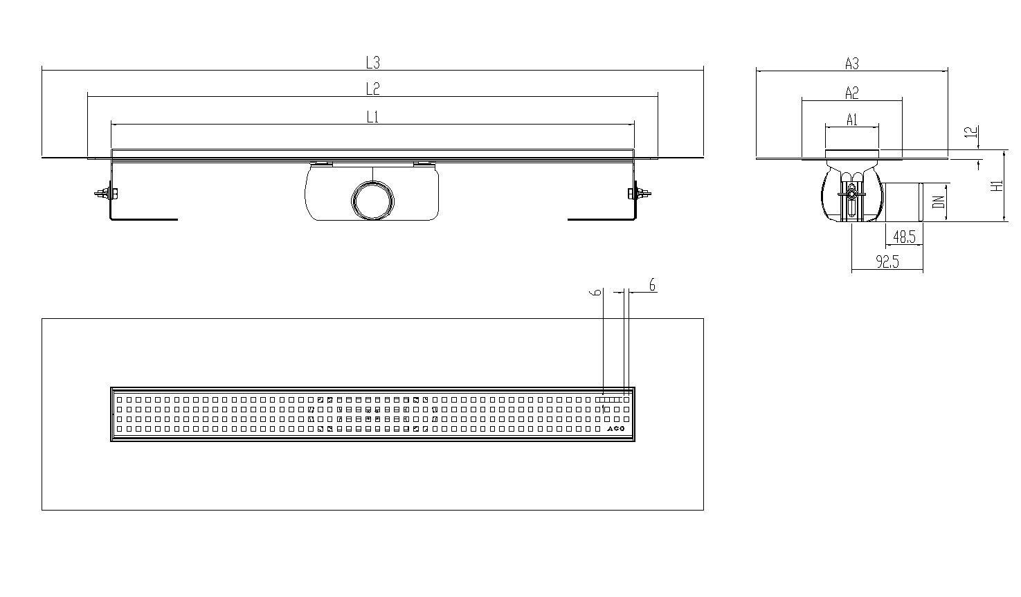SHOWERDRAIN-C 2.0 C_ALAS SH DN50 H92 C_RJ QUADRATTO C_TELA Esquema técnico canal Showerdrain -C 2.0 con alas S/H DN50 H:92-140mm con sifon de 50mm y reja QUADRATO con tela CD000723 // CD000724 // CD000725 // CD000726 // CD000727 // CD000728 // CD000729