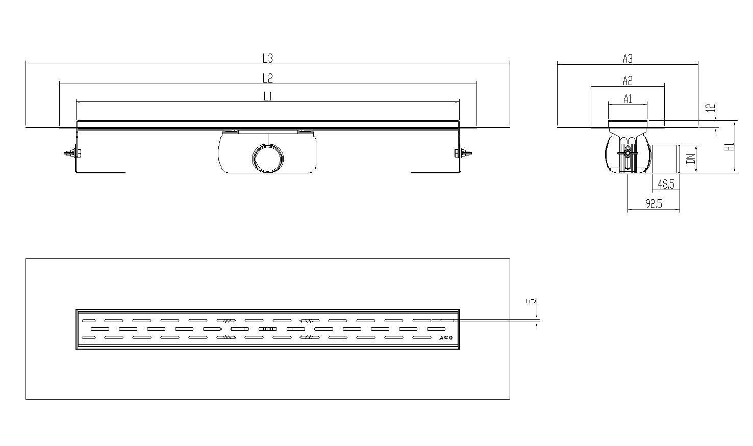 SHOWERDRAIN-C 2.0 C_ALAS SH DN50 H92 C_RJ SLOT C_TELA Esquema técnico canal Showerdrain -C 2.0 con alas S/H DN50 H:92-140mm con sifon de 50mm y reja SLOT con tela CD000773 // CD000774 // CD000775 // CD000776 // CD000777 // CD000778 // CD000779