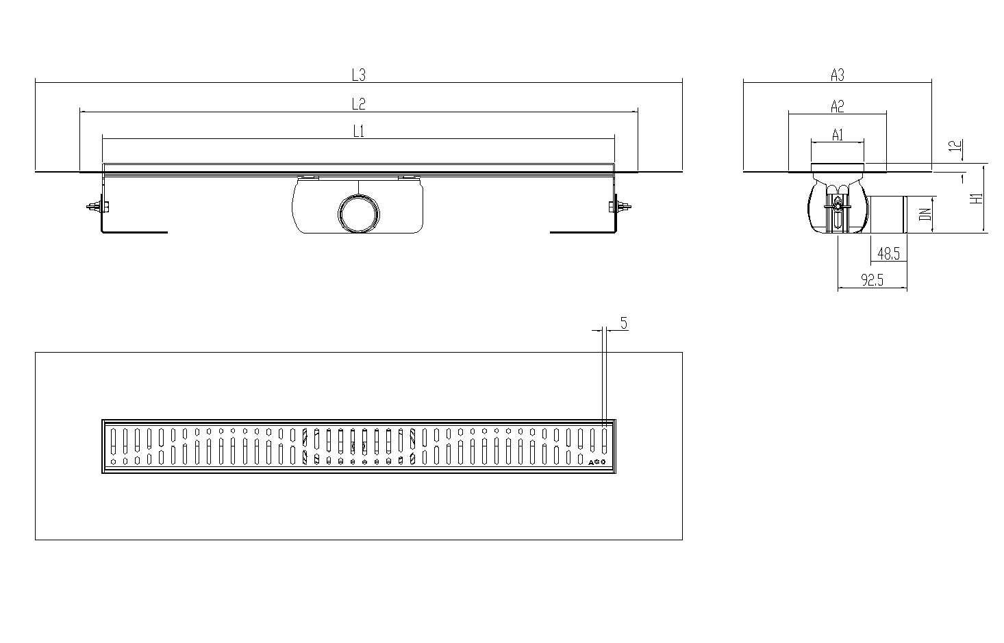 SHOWERDRAIN-C 2.0 C_ALAS SH DN50 H92 C_RJ WAVE C_TELA Esquema técnico canal Showerdrain -C 2.0 com flange S/H DN50 H:92-140mm com sifão de 50mm e grelha WAVE com tela CD000673 // CD000674 // CD000675 // CD000676 // CD000677 // CD000678 // CD000679