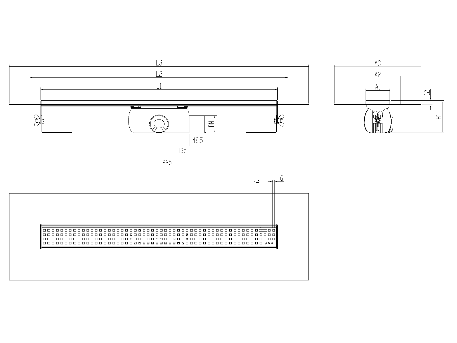 SHOWERDRAIN-C 2.0 C_ALAS SHL DN50 H92 C_RJ QUADRATTO C_TELA Esquema técnico canal Showerdrain -C 2.0 con alas S/H lateral DN50 H:92-140mm con sifon de 50mm y reja QUADRATO con tela CD000728 // CD000729 // CD000730 // CD000731 // CD000732 // CD000733 // CD000734