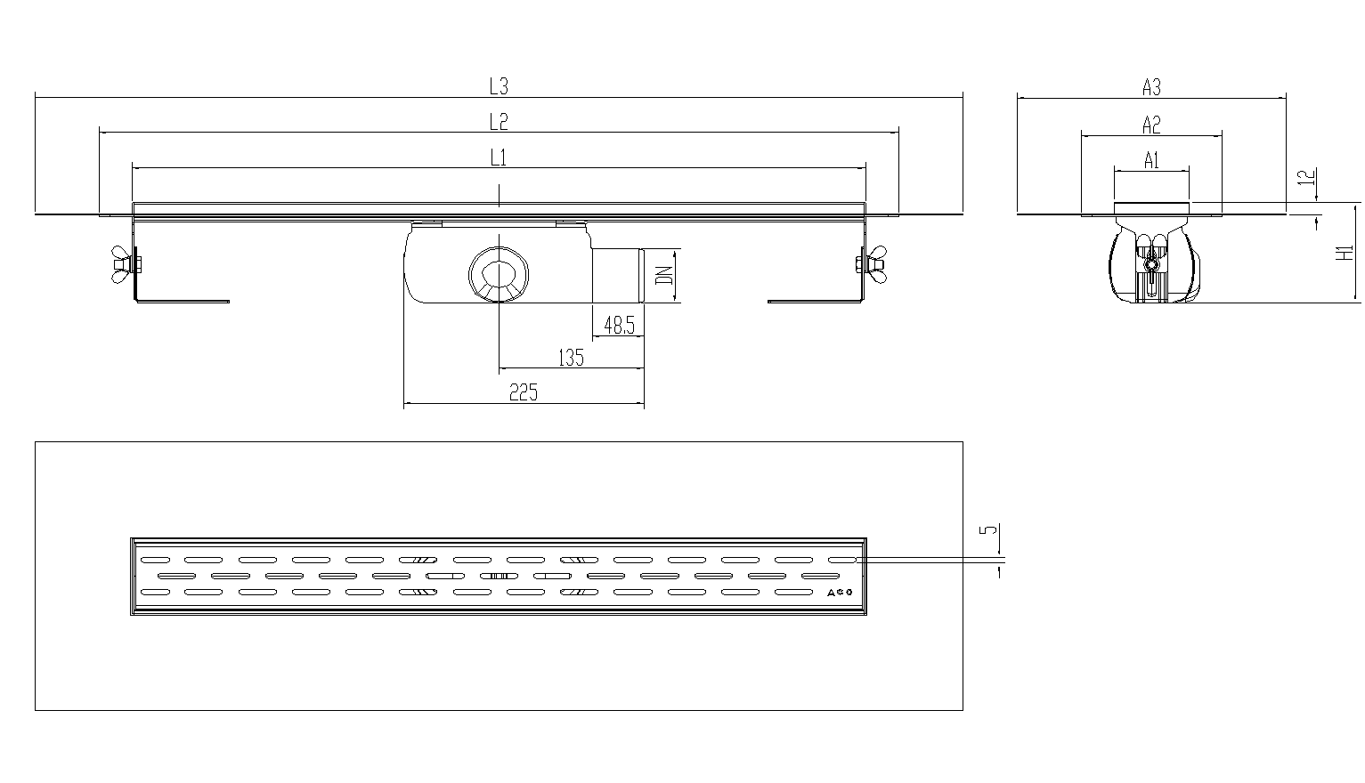 Esquema técnico canal Showerdrain -C 2.0 con alas S/H lateral DN50 H:92-140mm con sifon de 50mm y reja SLOT con tela CD000778 // CD000779 // CD000780 // CD000781 // CD000782 // CD000783 // CD000784
