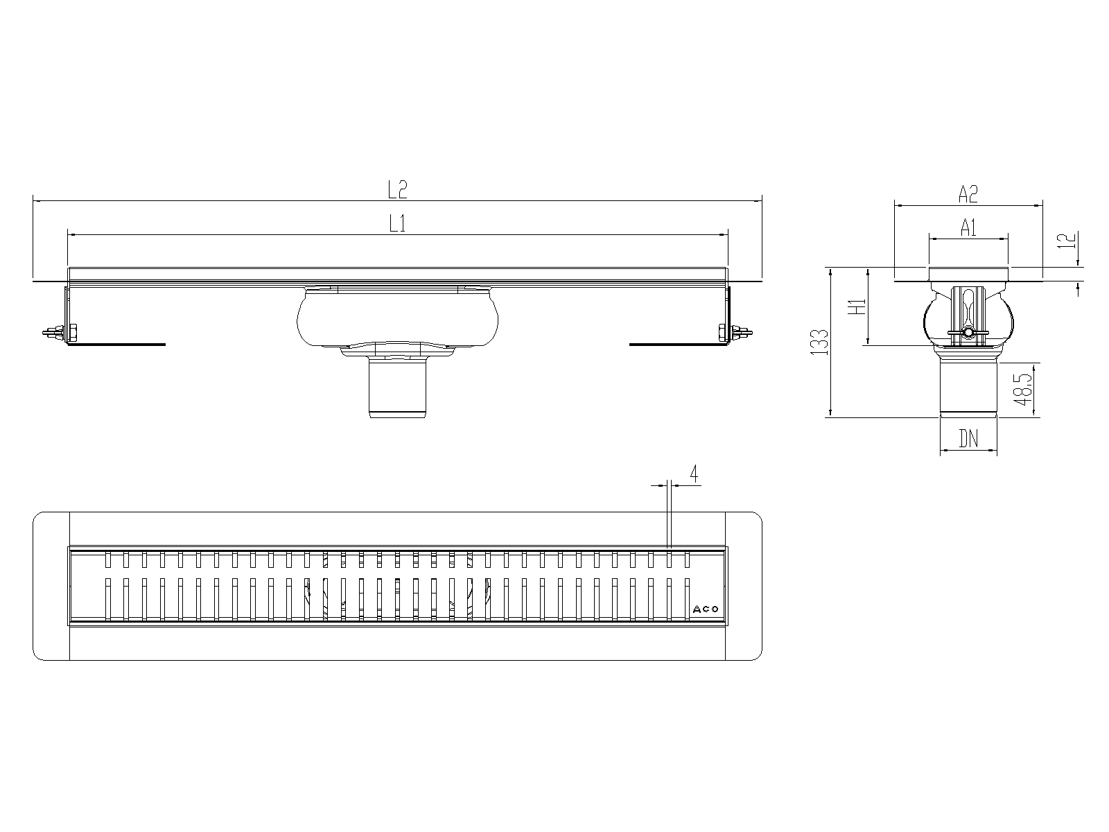 SHOWERDRAIN-C 2.0 C_ALAS SV DN50 H69 C_RJ PIANO S_TELA Esquema técnico canal Showerdrain -C 2.0 con alas S/V DN50 H:69-140mm con sifon de 25mm y reja PIANO sin tela CD000596 // CD000597 // CD000598 // CD000599 // CD000600 // CD000601 // CD000602