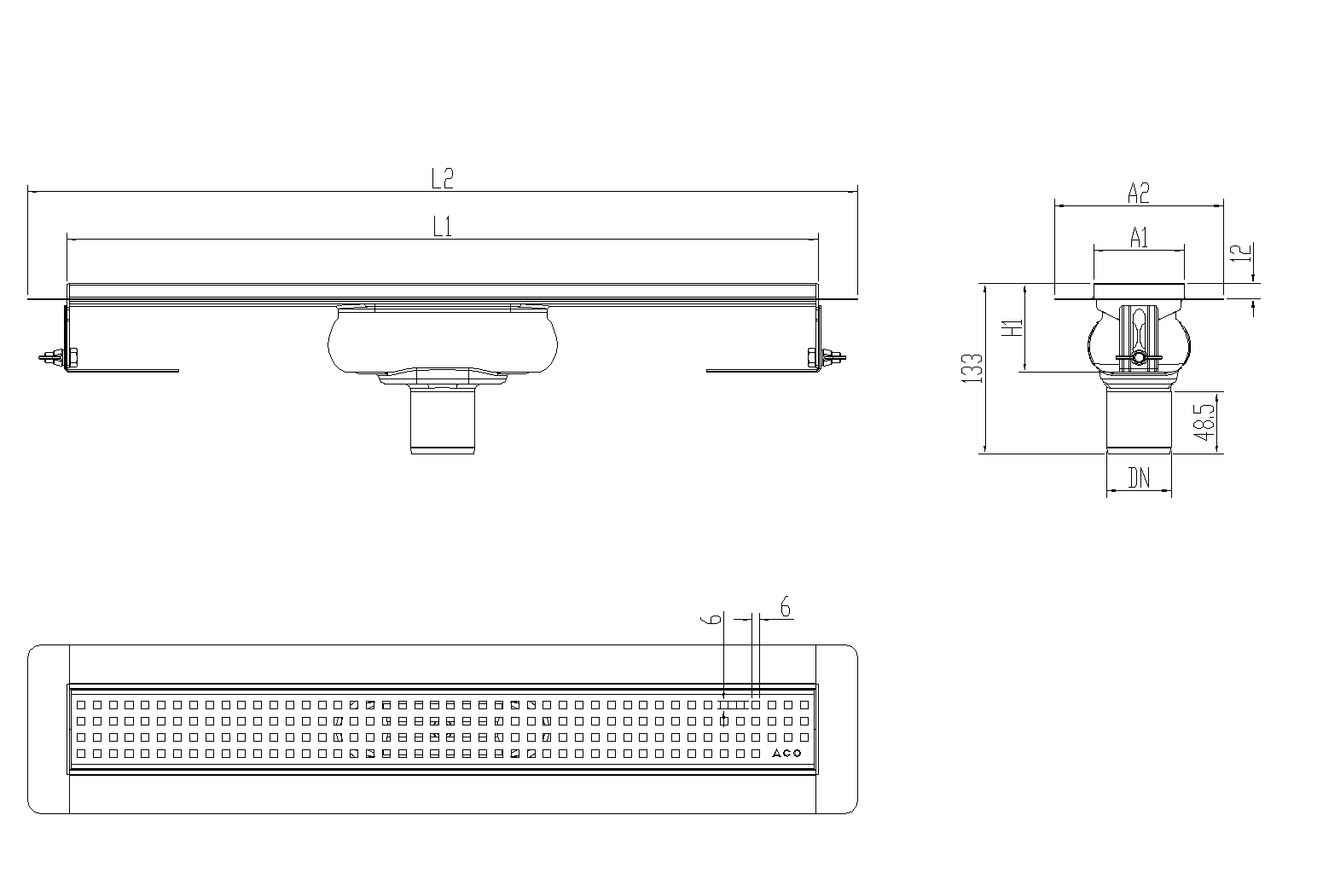 SHOWERDRAIN-C 2.0 C_ALAS SV DN50 H69 C_RJ QUADRATTO S_TELA Esquema técnico canal Showerdrain -C 2.0 con alas S/V DN50 H:69-140mm con sifon de 25mm y reja QUADRATO sin tela CD000148 // CD000149 // CD000150 // CD000151 // CD000152 // CD000153 // CD000154