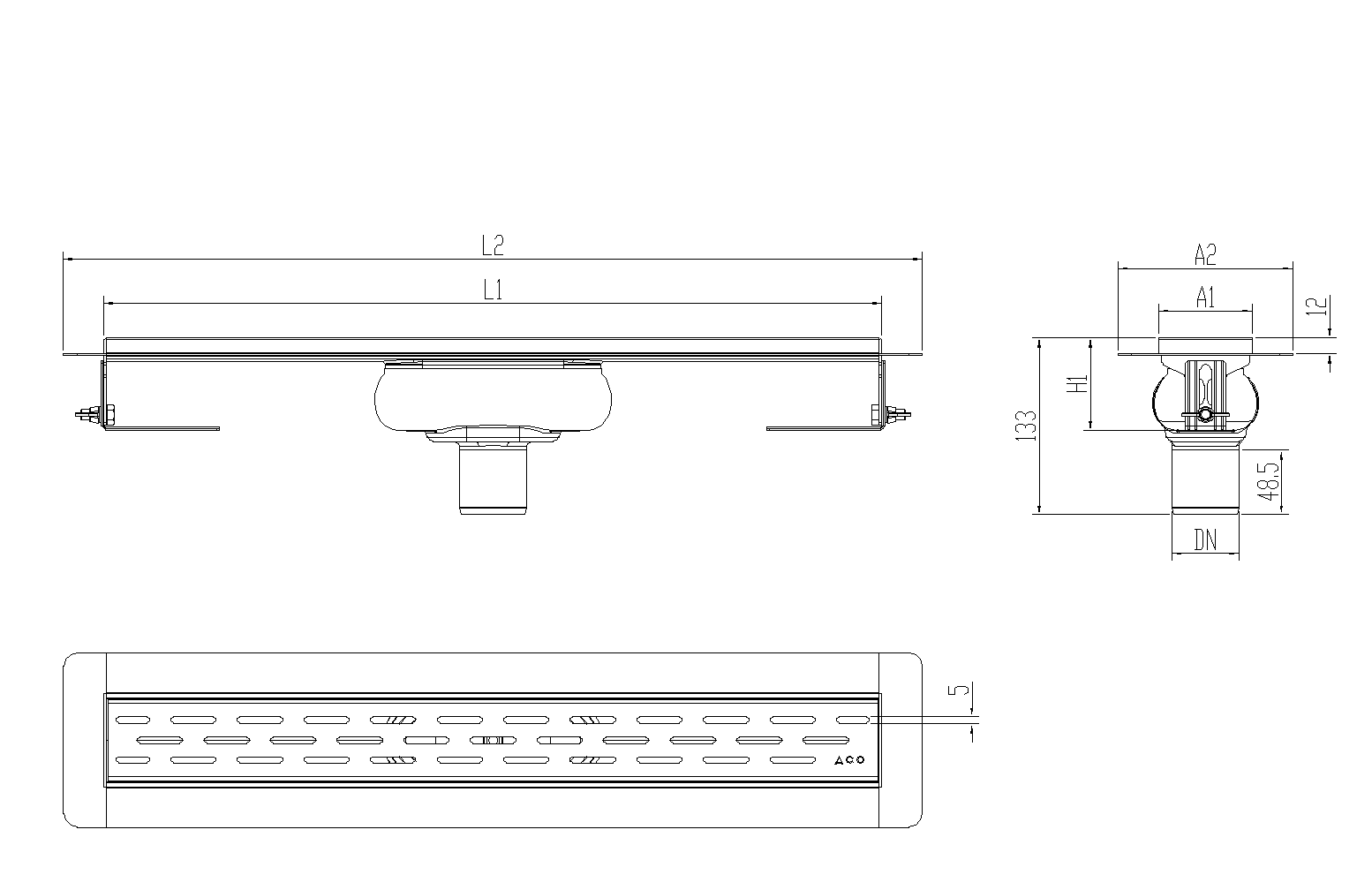 SHOWERDRAIN-C 2.0 C_ALAS SV DN50 H69 C_RJ SLOT S_TELA Esquema técnico canal Showerdrain -C 2.0 con alas S/V DN50 H:69-140mm con sifon de 25mm y reja SLOT sin tela CD000260 // CD000261 // CD000262 // CD000263 // CD000264 // CD000265 // CD000266