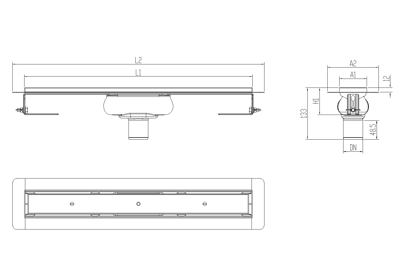 SHOWERDRAIN-C 2.0 C_ALAS SV DN50 H69 C_RJ TILE S_TELA Esquema técnico canal Showerdrain -C 2.0 con alas S/V DN50 H:69-140mm con sifon de 25mm y reja RELLENABLE sin tela CD000372 // CD000373 // CD000374 // CD000375 // CD000376 // CD000377 // CD000378