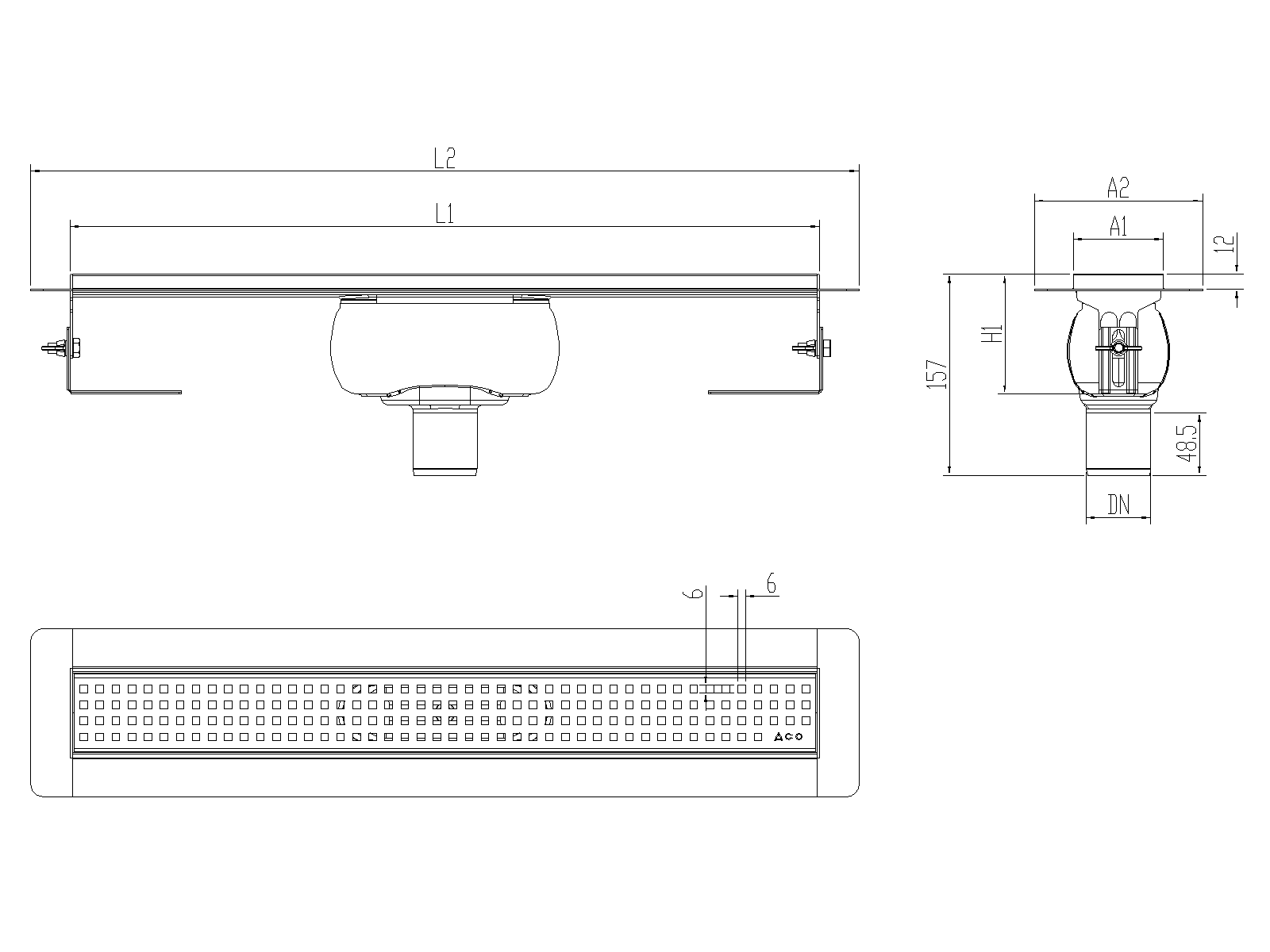 SHOWERDRAIN-C 2.0 C_ALAS SV DN50 H92 C_RJ QUADRATTO S_TELA Esquema técnico canal Showerdrain -C 2.0 com flange S/V DN50 H:92-140mm com sifão de 50mm e grelha QUADRATO sem tela CD000141 // CD000142 // CD000143 // CD000144 // CD000145 // CD000146 // CD000147