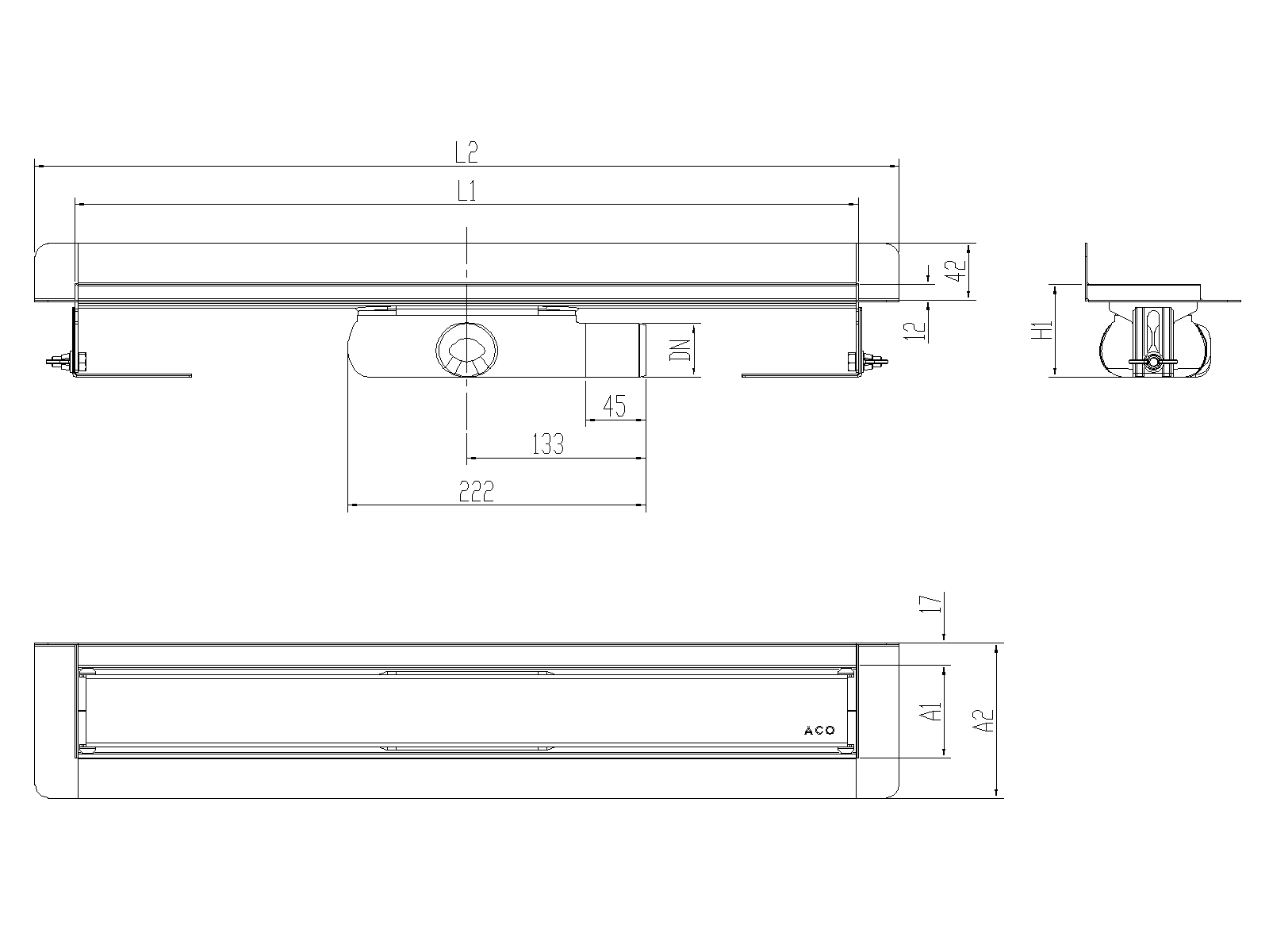 SHOWERDRAIN-C 2.0 C_MARCO TRAS SHLD DN50 H69 C_RJ MASSIVE S_TELA Esquema técnico canal Showerdrain -C 2.0 con marco trasero S/H lateral derecha DN50 H:69-140mm con sifon de 25mm y reja MASSIVE sin tela CD000526 // CD000527 // CD000528 // CD000529 // CD000530 // CD000531 // CD000532