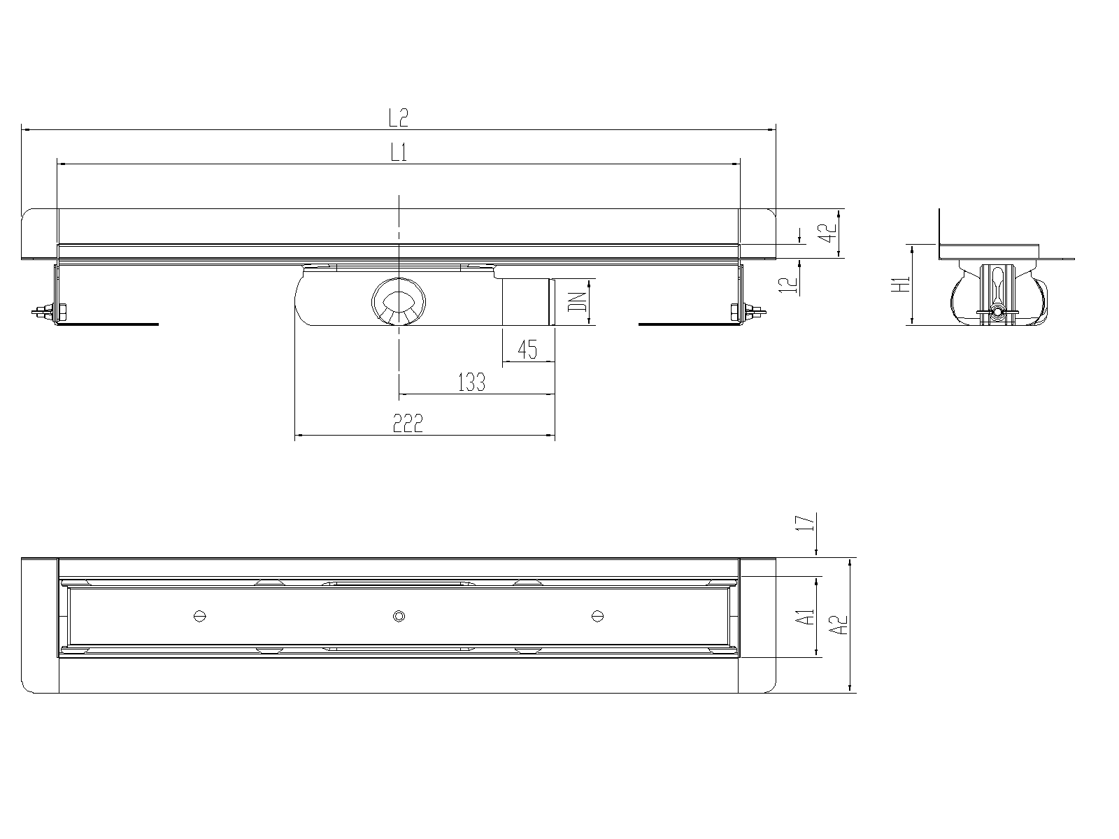 SHOWERDRAIN-C 2.0 C_MARCO TRAS SHLD DN50 H69 C_RJ TILE S_TELA Esquema técnico canal Showerdrain -C 2.0 con marco trasero S/H lateral derecha DN50 H:69-140mm con sifon de 25mm y reja RELLENABLE con tela CD000868 // CD000869 // CD000870 // CD000871 // CD000872 // CD000873 // CD000874