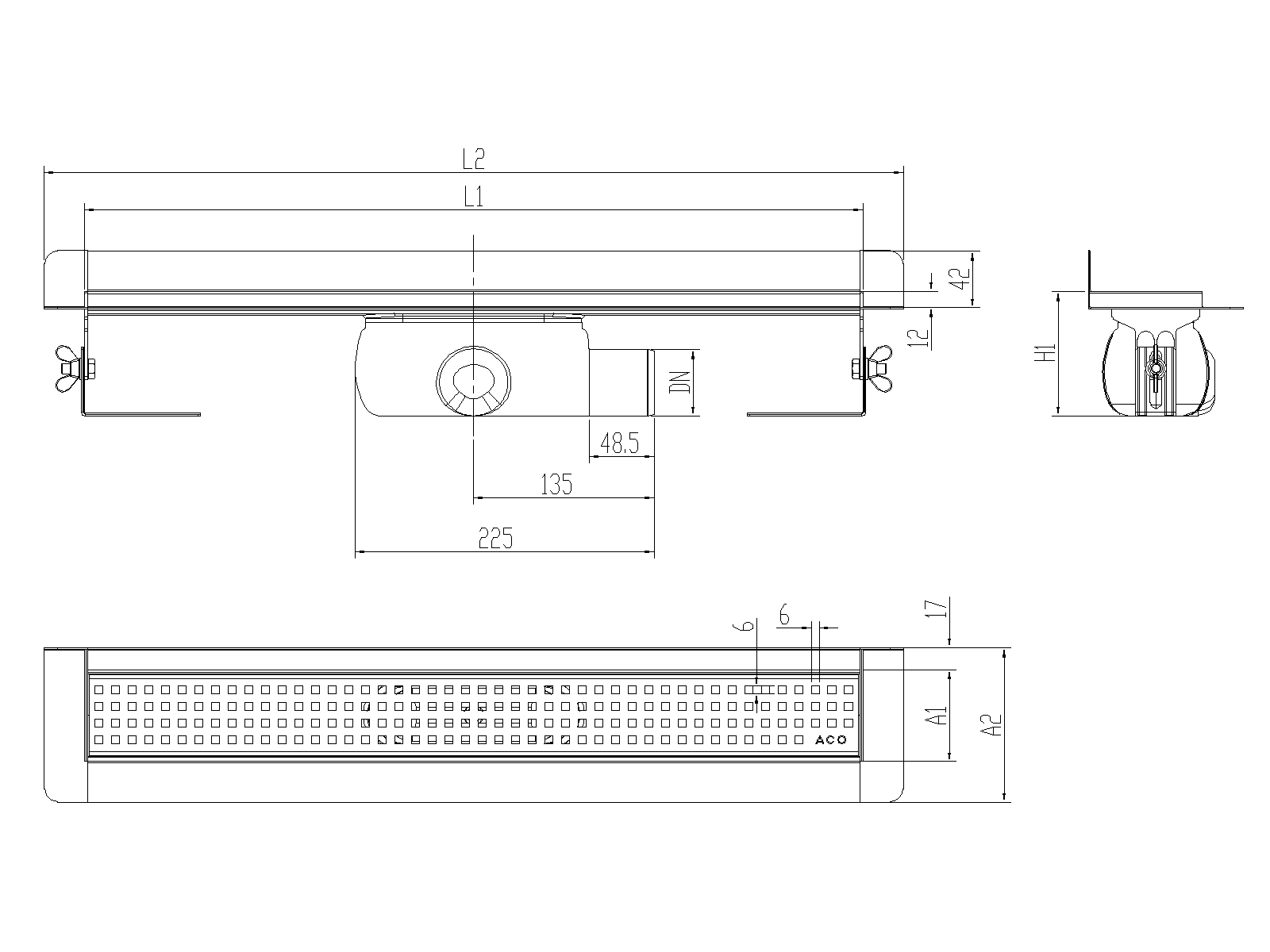 SHOWERDRAIN-C 2.0 C_MARCO TRAS SHLD DN50 H92 C_RJ QUADRATTO S_TELA Esquema técnico canal Showerdrain -C 2.0 con marco trasero S/H lateral derecha DN50 H:92-140mm con sifon de 50mm y reja QUADRATO sin tela CD000169 // CD000170 // CD000171 // CD000172 // CD000173 // CD000174 // CD000175