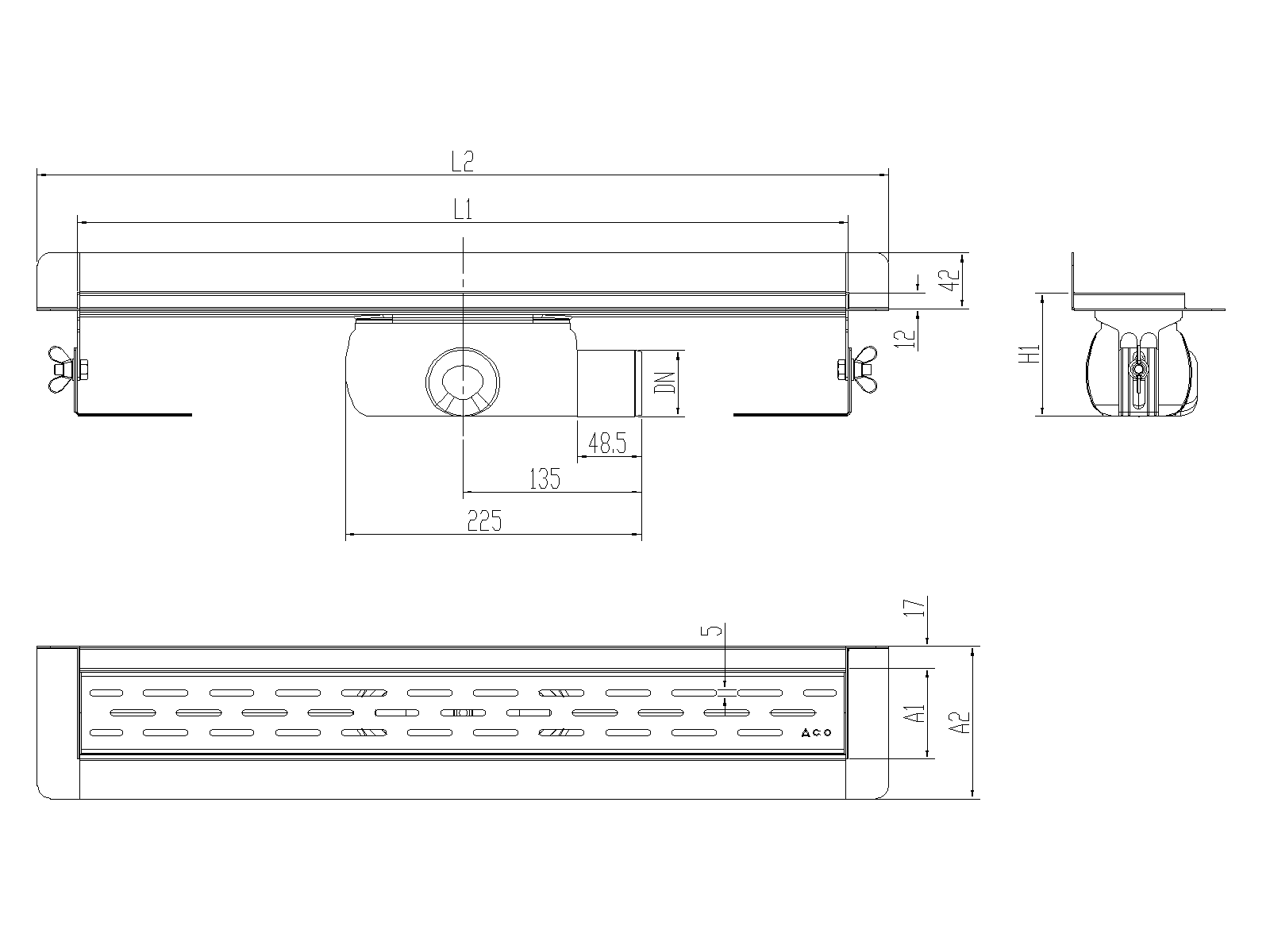 SHOWERDRAIN-C 2.0 C_MARCO TRAS SHLD DN50 H92 C_RJ SLOT S_TELA Esquema técnico canal Showerdrain -C 2.0 con marco trasero S/H lateral derecha DN50 H:92-140mm con sifon de 50mm y reja SLOT sin tela CD000281 // CD000282 // CD000283 // CD000284 // CD000285 // CD000286 // CD000287