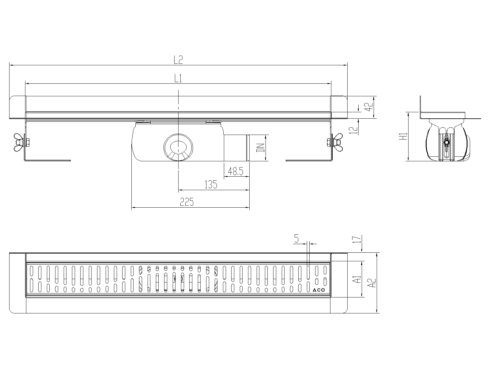 SHOWERDRAIN-C 2.0 C_MARCO TRAS SHLD DN50 H92 C_RJ WAVE S_TELA Esquema técnico canal Showerdrain -C 2.0 con marco trasero S/H lateral derecha DN50 H:92-140mm con sifon de 50mm y reja WAVE sin tela CD000057 // CD000058 // CD000059 // CD000060 // CD000061 // CD000062 // CD000063