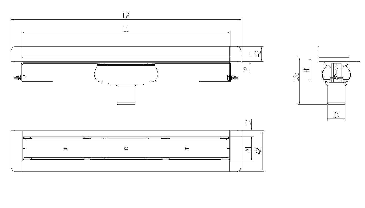 SHOWERDRAIN-C 2.0 C_MARCO TRAS SV DN50 H69 C_RJ TILE S_TELA Esquema técnico canal Showerdrain -C 2.0 con marco trasero S/V DN50 H:69-140mm con sifon de 25mm y reja RELLENABLE sin tela CD000428 // CD000429 // CD000430 // CD000431 // CD000432 // CD000433 // CD000434