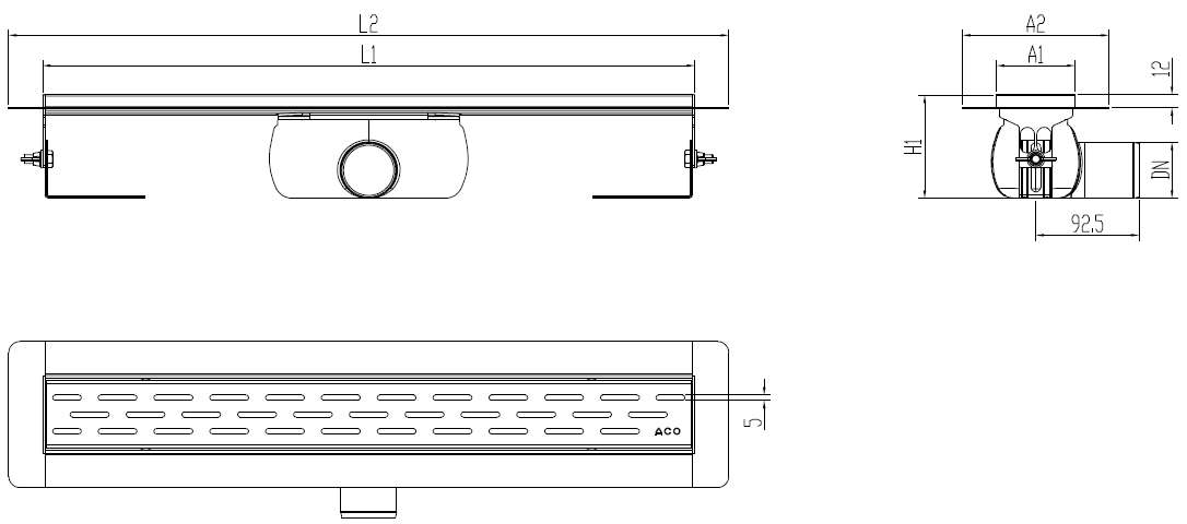 SHOWERDRAIN 2.0 C_ALAS SH H92 C_RJ SLOT S_TELA Esquema técnico canal Showerdrain -C 2.0 con alas S/H DN50 H:92-140mm con sifon de 50mm y reja SLOT sin tela CD000225 // CD000226 // CD000227 // CD000228 // CD000229 // CD000230 // CD000231