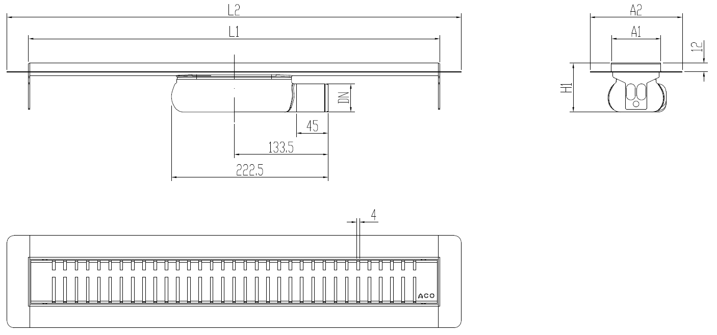 SHOWERDRAIN 2.0 C_ALAS SH LAT H69 C_RJ PIANO S_TELA Esquema técnico canal Showerdrain -C 2.0 con alas S/H lateral DN50 H:69-140mm con sifon de 25mm y reja PIANO sin tela CD000582 // CD000583 // CD000584 // CD000585 // CD000586 // CD000587 // CD000588