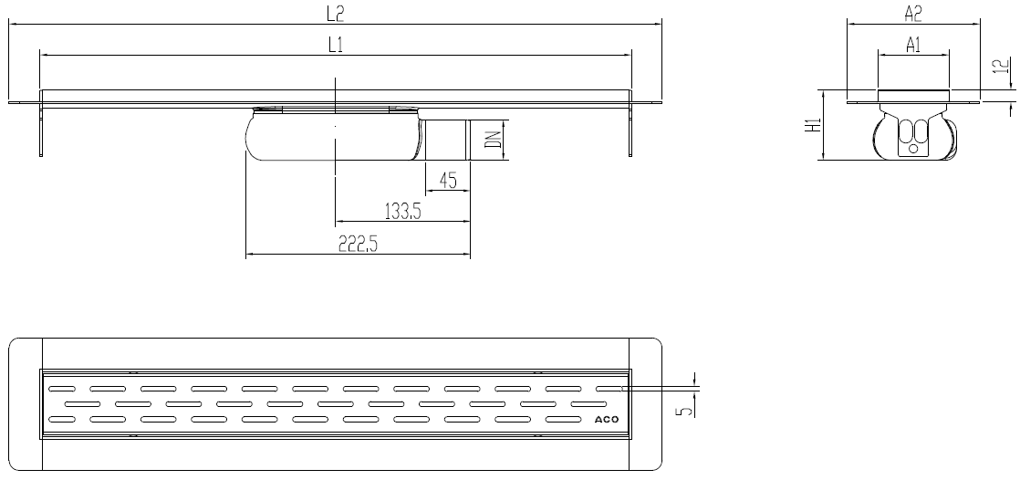 Esquema técnico canal Showerdrain -C 2.0 con alas S/H lateral DN50 H:69-140mm con sifon de 25mm y reja SLOT sin tela CD000246 // CD000247 // CD000248 // CD000249 // CD000250 // CD000251 // CD000252