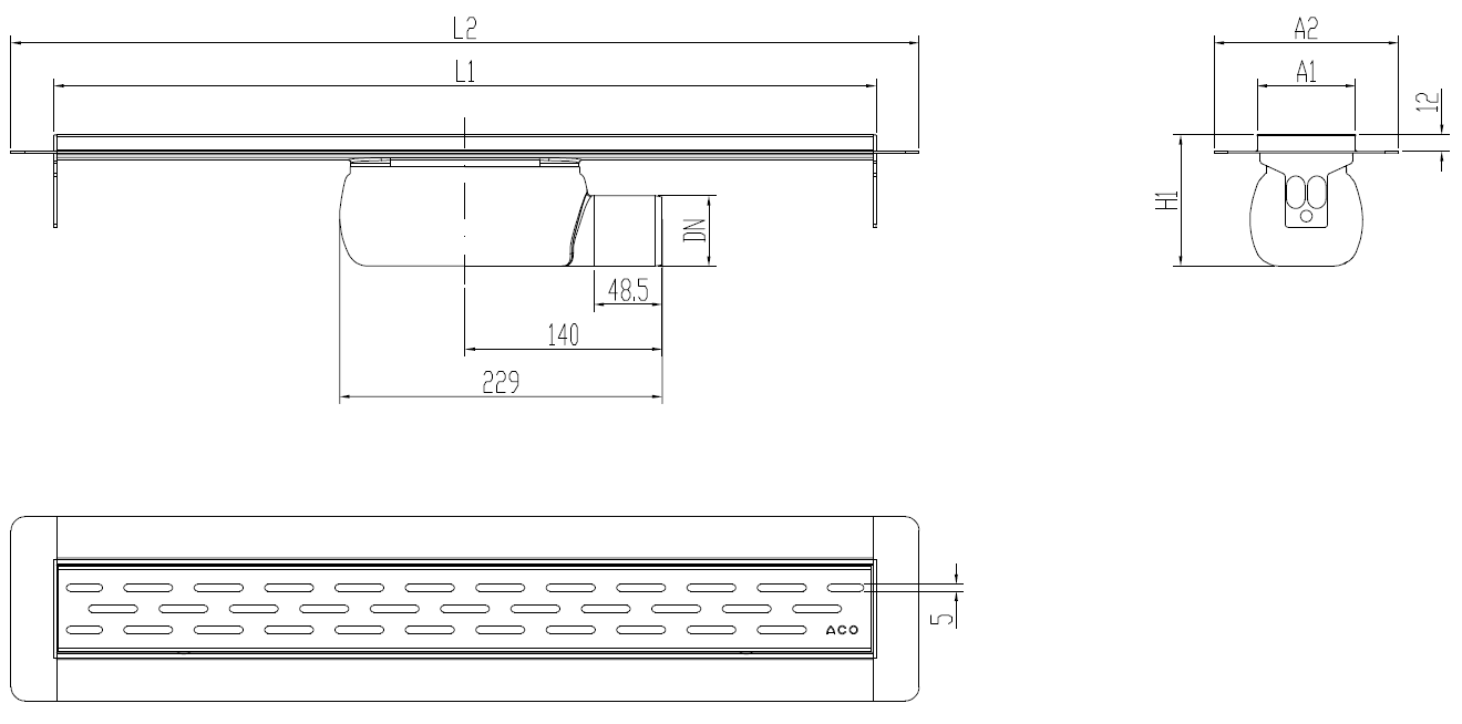 SHOWERDRAIN 2.0 C_ALAS SH LAT H92 C_RJ SLOT S_TELA Esquema técnico canal Showerdrain -C 2.0 con alas S/H lateral DN50 H:92-140mm con sifon de 50mm y reja SLOT sin tela CD000232 // CD000233 // CD000234 // CD000235 // CD000236 // CD000237 // CD000238