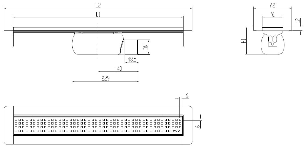SHOWERDRAIN 2.0 C_ALAS SH LAT H92 C_RJ SQUARE S_TELA Esquema técnico canal Showerdrain -C 2.0 con alas S/H lateral DN50 H:92-140mm con sifon de 50mm y reja SQUARE sin tela CD000120 // CD000121 // CD000122 // CD000123 // CD000124 // CD000125 // CD000126