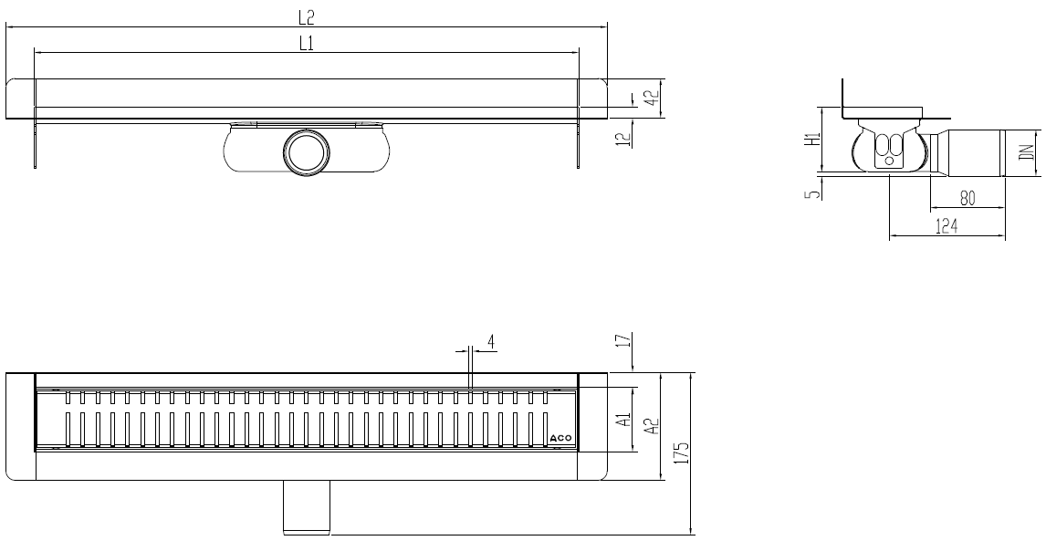 SHOWERDRAIN 2.0 C_MT SH H69 C_RJ PIANO S_TELA Esquema técnico canal Showerdrain -C 2.0 con marco trasero S/H DN50 H:69-140mm con sifon de 25mm y reja PIANO sin tela CD000624 // CD000625 // CD000626 // CD000627 // CD000628 // CD000629 // CD000630