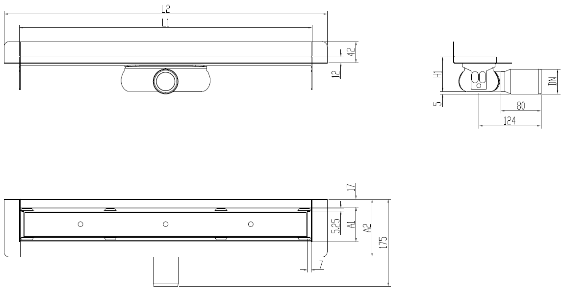 SHOWERDRAIN 2.0 C_MT SH H69 C_RJ TILE S_TELA Esquema técnico canal Showerdrain -C 2.0 con marco trasero S/H DN50 H:69-140mm con sifon de 25mm y reja RELLENABLE sin tela CD000400 // CD000401 // CD000402 // CD000403 // CD000404 // CD000405 // CD000406