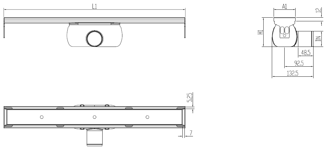 SHOWERDRAIN 2.0 S_ALAS SH H93 C_RJ TILE S_TELA Esquema técnico canal Showerdrain -C 2.0 sin alas S/H DN50 H:92-140mm con sifon de 50mm y reja RELLENABLE sin tela CD000435 // CD000436 // CD000437 // CD000438 // CD000439 // CD000440 // CD000441