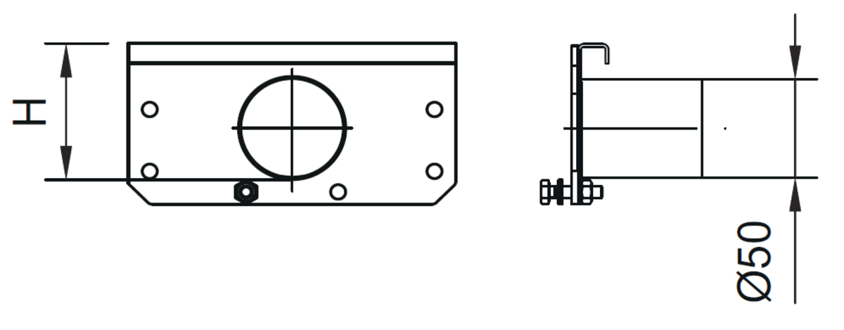 TP CM CNL MODULAR 125 Esquema técnico general de la tapa inicio/final con manguito DN/OD 50 para el canal MODULAR 125 en acero inoxidable.