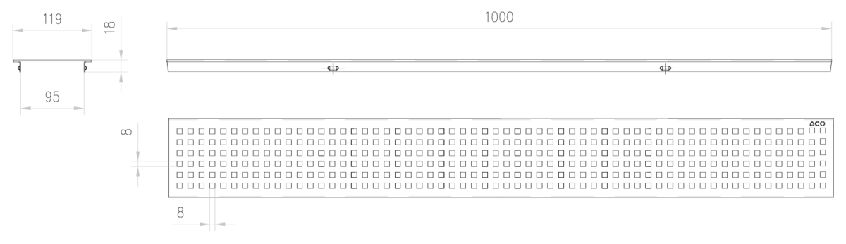 Esquema técnico de la reja para canal SELF 100, reja perforada cuadrada en acero inoxidable AISI304 de dimensiones L1000 A119 H18 con sistema de fijación por pestaña, clase de carga A15.