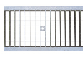 Render da grelha para canal N 200, grelha entramada 30x30 em aço galvanizado da dimensões L1000 A252 H33 com sistema de fixação com clavilha, classe de carga C250.
