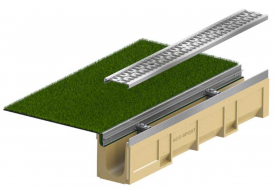 Render del canal LW100K L1000 H200 en hormigon polímero con premarca para salida vertical DN/OD 110 sin reja