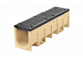 Render del conjunto de canal S200 L1000 H290 en hormigon polímero con premarca para salida vertical DN/OD 160 y reja pasarela en fundición F900 con sistema de fijación por tornillos