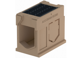 Render del canal registro MONOBLOCK RD300V 0.1 L750 H645 de hormigón polímero con reja pasarela de fundicón F900, sistema de fijación Drainlock, preformas laterales rompibles L-T-X y preforma vertical rompible