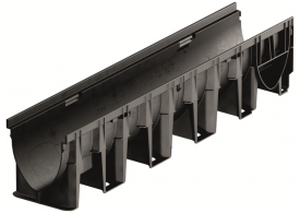 Render del canal XTRADRAIN 150 L1000 H210 en composite plásico con premarca para salida vertical DN/OD 160 con sistema de fijación Drainlock sin reja