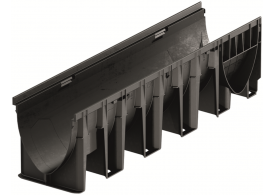Render del canal XTRADRAIN 200 L1000 H265 en composite plásico con premarca para salida vertical DN/OD 200 con sistema de fijación Drainlock sin reja