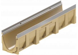 Render del canal MULTILINE V150 0.0 L1000 H210 de hormigón polímero sin reja, sistema de fijación Drainlock con bastidor de acero galvanizado