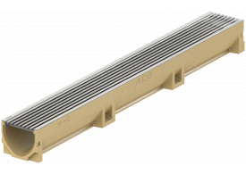 Render del conjunto de canal SELF 100 L1000 H95 en hormigon polímero con premarca para salida vertical DN/OD 110 y reja antitacón en acero inoxidable A15 con sistema de fijación por clip