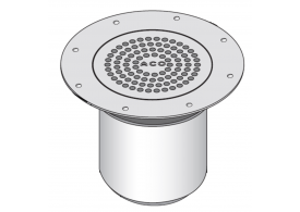 Render del sumidero EG150 FIJO, fabricado en acero inoxidable AISI304, de dimensiones Ø225 H112 con marco para clipaje de tela, salida vertical DN100, con sifón, con reja perforada con fijación clase de carga K3.