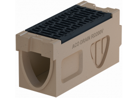 Render del canal registro MONOBLOCK RD200V 0.1 L660 H330 de hormigón polímero con reja pasarela de fundicón F900, sistema de fijación Drainlock, preformas laterales rompibles L-T-X y preforma vertical rompible