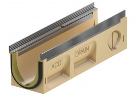 Render del canal MULTILINE SEAL IN V100 0.1 L500 H150 de hormigón polímero sin reja, sistema de fijación Drainlock con bastidor enacero galvanizado y preformas laterales rompibles L-T-X
