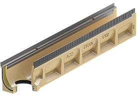 Render del canal MULTILINE SEAL IN V100 0.0.2 L500 H150 de hormigón polímero sin reja, sistema de fijación Drainlock con bastidor enacero galvanizado y junta labiolaberintica vertical DN/OD 110