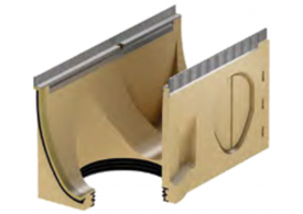 Render del canal MULTILINE SEAL IN V200 0.2 L500 H275 de hormigón polímero sin reja, sistema de fijación Drainlock con bastidor en acero galvanizado y preformas laterales rompibles L-T-X y junta labiolaberintica vertical DN/OD 160