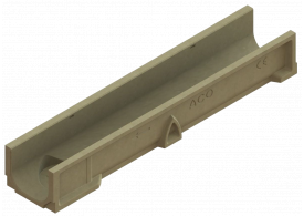 Render do canal SELF 200 L1000 H150 em betão polímero com pré-marca para saída vertical DN/OD 160 com sistema de fixação por Springlock o clavilha