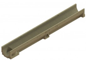 Render del conjunto de canal SELF 100 L1000 H95 en hormigon polímero con premarca para salida vertical DN/OD 110 sin reja