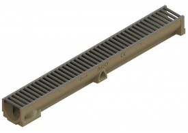 Render del conjunto de canal SELF 100 L1000 H95 en hormigon polímero con premarca para salida vertical DN/OD 110 y reja pasarela en acero inoxidable A15 con sistema de fijación por clip