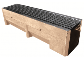 Esquema técnico del canal N 200 L1000 H360 en hormigon polímero con premarca para salida vertical DN/OD 160 con sistema de fijación por clavilha con reja entramada 30x30 en acero galvanizado, clase de carga B125