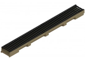 Render del conjunto de canal SELF 100 L1000 H55 en hormigon polímero con premarca para salida vertical DN/OD 110 y reja pasarela en fundición B125 con sistema de fijación por clip
