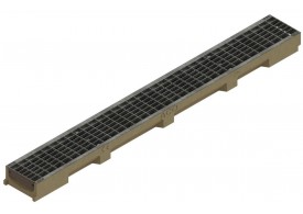 Render del conjunto de canal SELF 100 L1000 H55 en hormigon polímero con premarca para salida vertical DN/OD 110 y reja entramada 27x13 en acero galvanizado A15 con sistema de fijación por clip